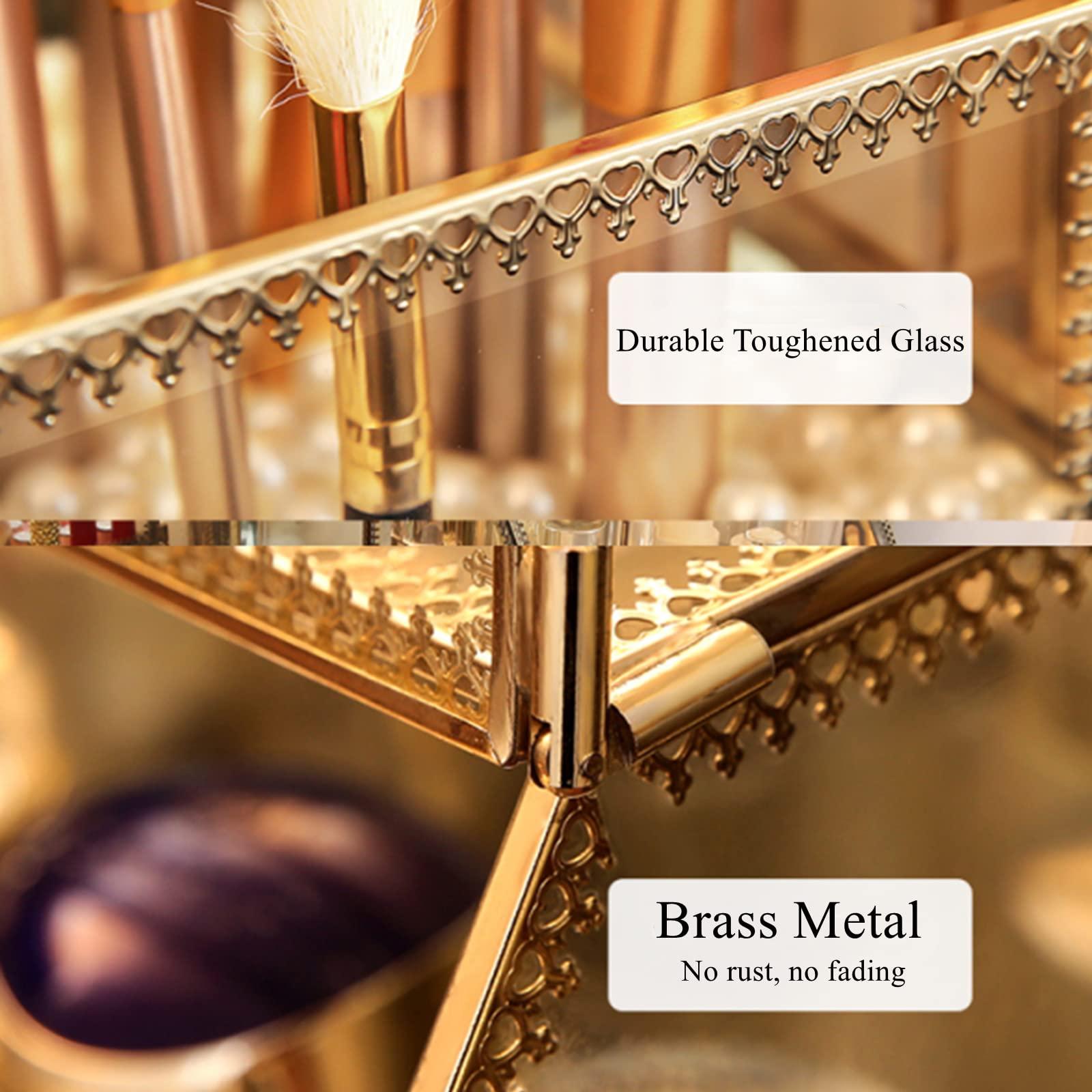 ZOOFOX ZOOFOX 360 Degree Rotating Glass Makeup Organizer, Large Cosmetics Storage Display Holder with Gold Trim for Vanity, Clear Makeup Carousel for Perfume, Cosmetics, Brushes, Lotion, Lipsticks