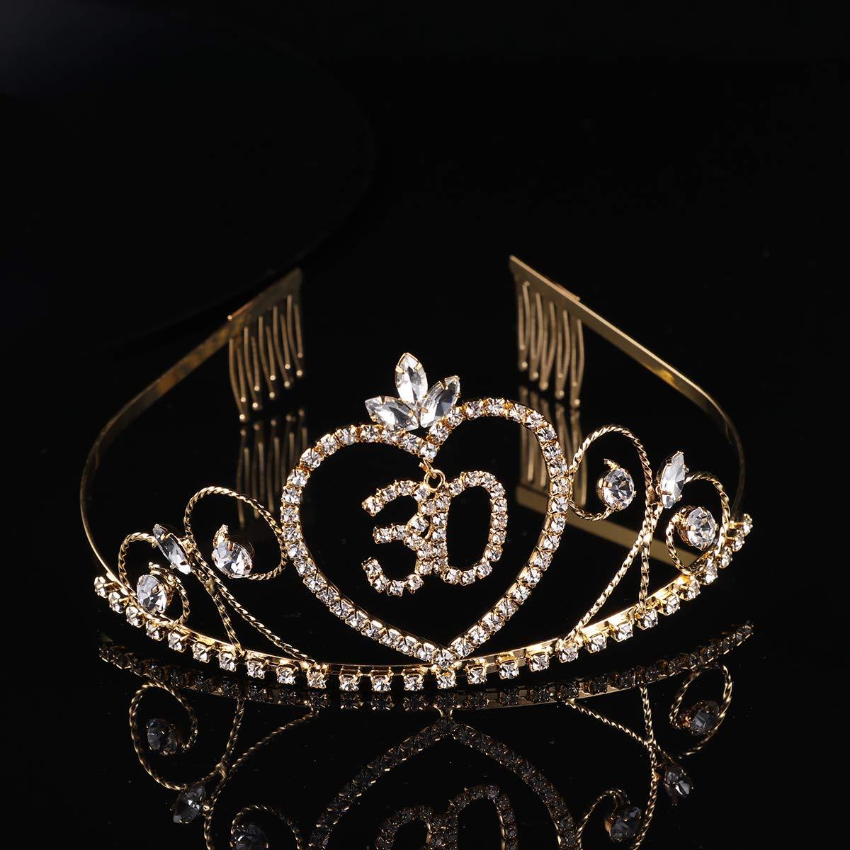 Beaupretty Beaupretty 30 Birthday Crown with Hair Comb Rhinestone Princess Tiara Happy Birthday Crowns 30st BirthdayParty Supplies (Golden)