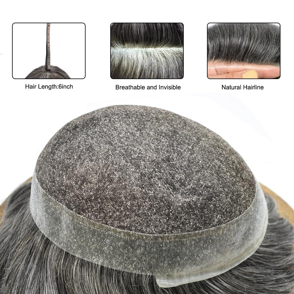 Hair Wonders Toupee for Men Real Human Hair Piece Replacement Systems French Lace Hair Pieces Pu Around Hair Unit for Men Lace Hair System Hair Prosthesis Man8*10\"-120% density#1B50 Off Black + 50% Gray