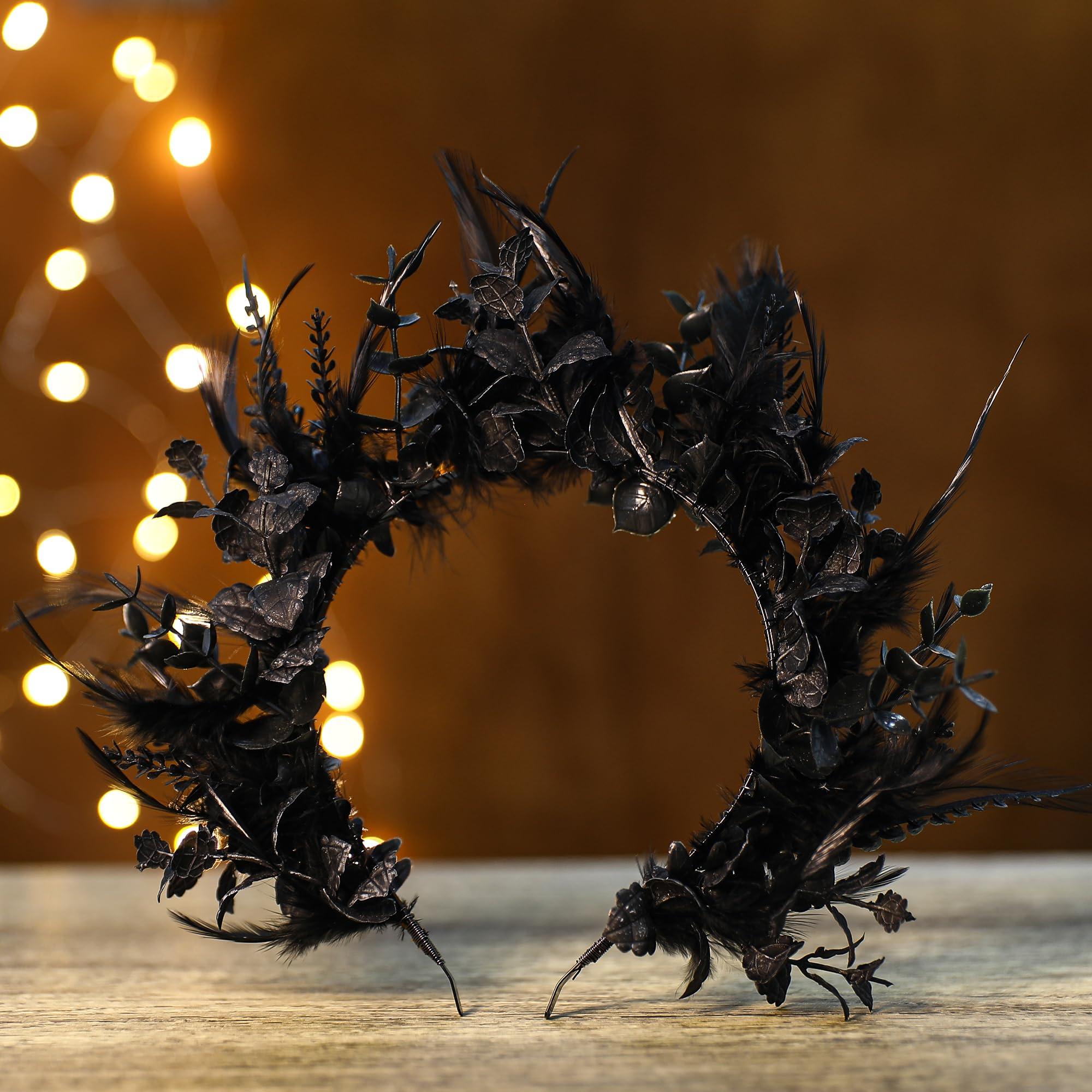 MOSTORY MOSTORY Black Feather Halo Crown - Handmade Dark Feather Headband Gothic Floral Hairband for Women Girls Witch Goth Wedding Renaissance Cosplay Prom Party Fae Ball Photo Shoot