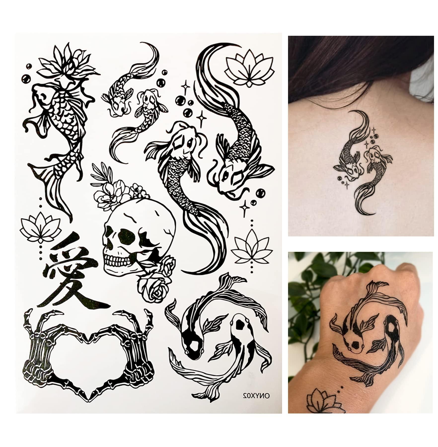 d'IRIS studio Temporary Tattoos for Adult Women - 2 Sheets - Black Big Ying and Yang Koi Fish Kanji Love Skeleton Heart Hand Skull Lotus Sleeve Adults Tattoo