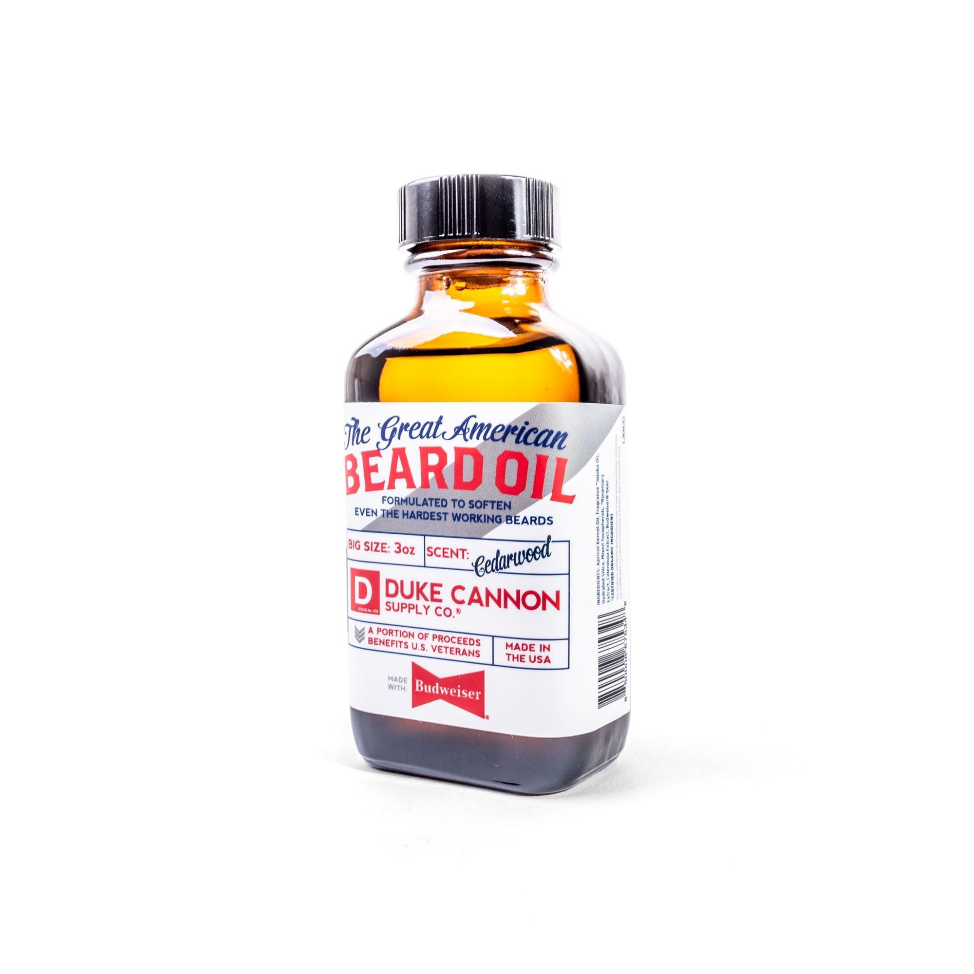 Duke Cannon Supply Co. Duke Cannon Great American Beard Oil with Budweiser - Natural Conditioning with Apricot Kernel Oils, Warm Cedarwood Scent, 3 oz.
