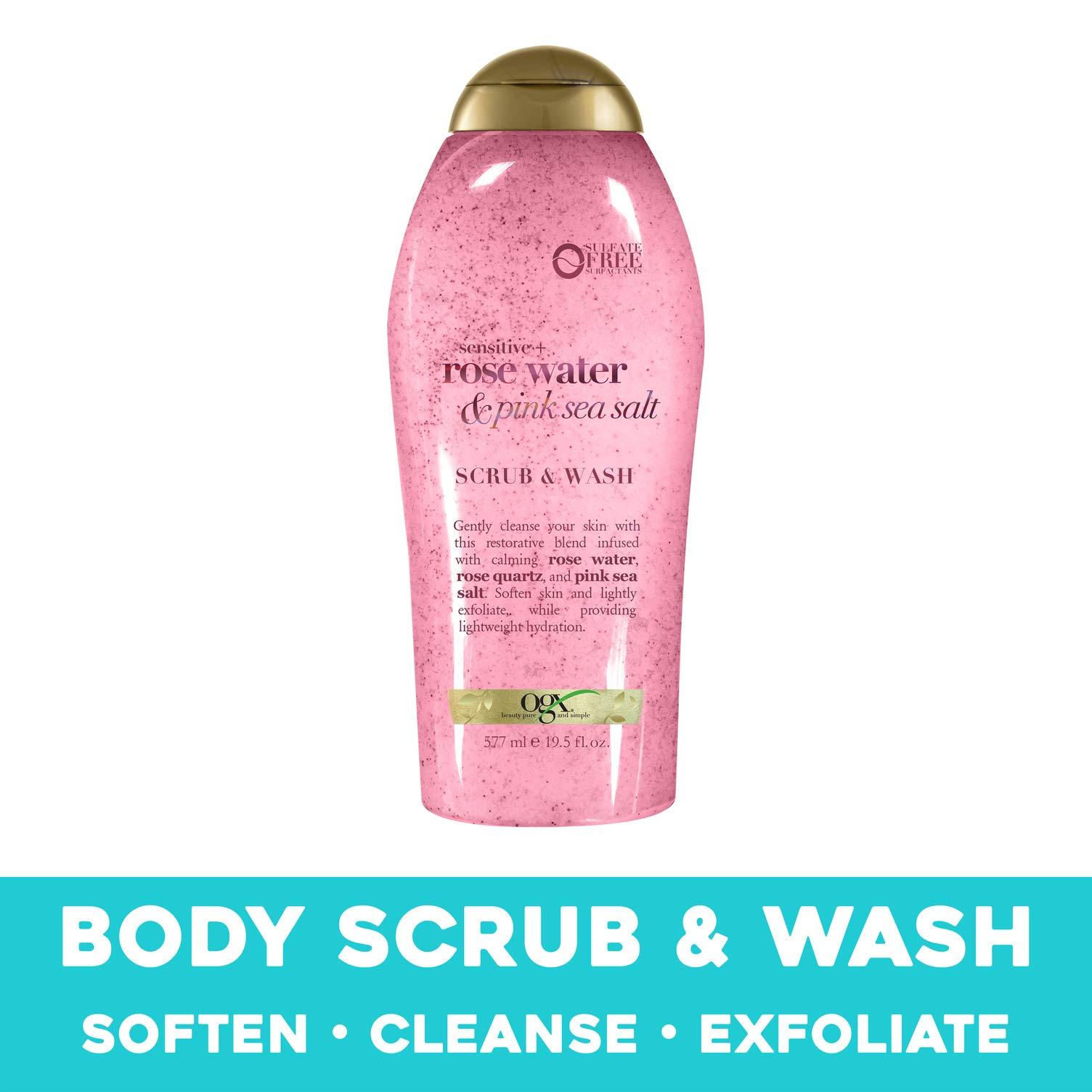 OGX OGX Extra Creamy + Coconut Miracle Oil Ultra Moisture Body Wash, 19.5 Fl Oz & Pink Sea Salt & Rosewater Gentle Soothing Body Scrub, Light Exfoliating Body Wash, Sulfate-Free, 19.5 Ounce, 1.0 Count
