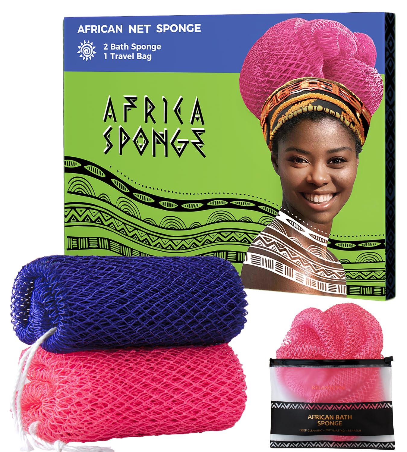 RelaxScene African Net Loofah Sponge - 2 Pieces Black Owned Authentic Body Sponges - Exfoliating Wash Cloths for Showering Pink & Blue - Back Scrubber Exfoliator Shower Sponge for Body Bath Accessories