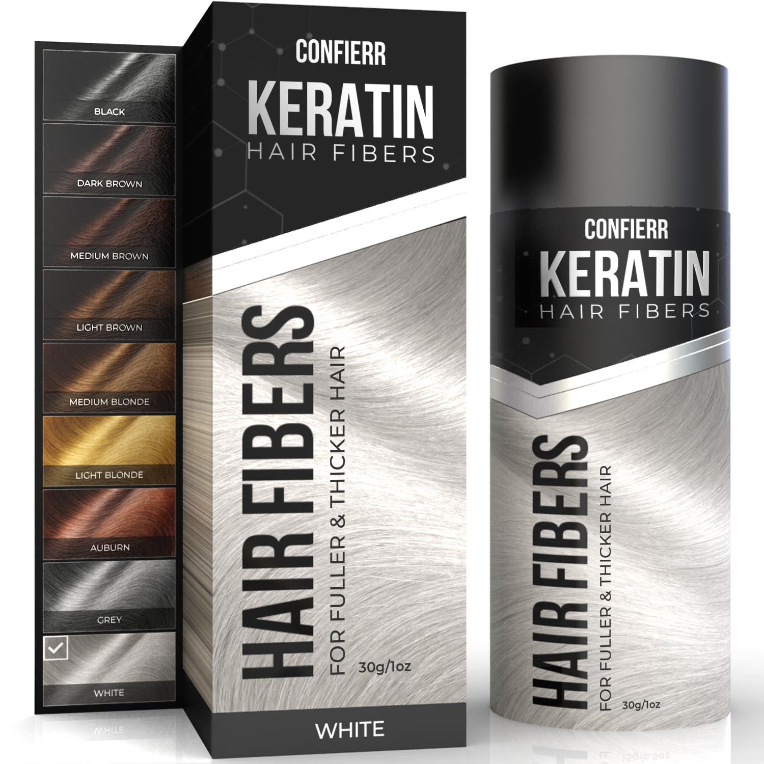 CONFIERR CONFIERR Keratin Hair Fibers for Men & Women - Fill In Fine or Thinning Hair, Instantly Thicker, Fuller Looking Hair (White 30g)