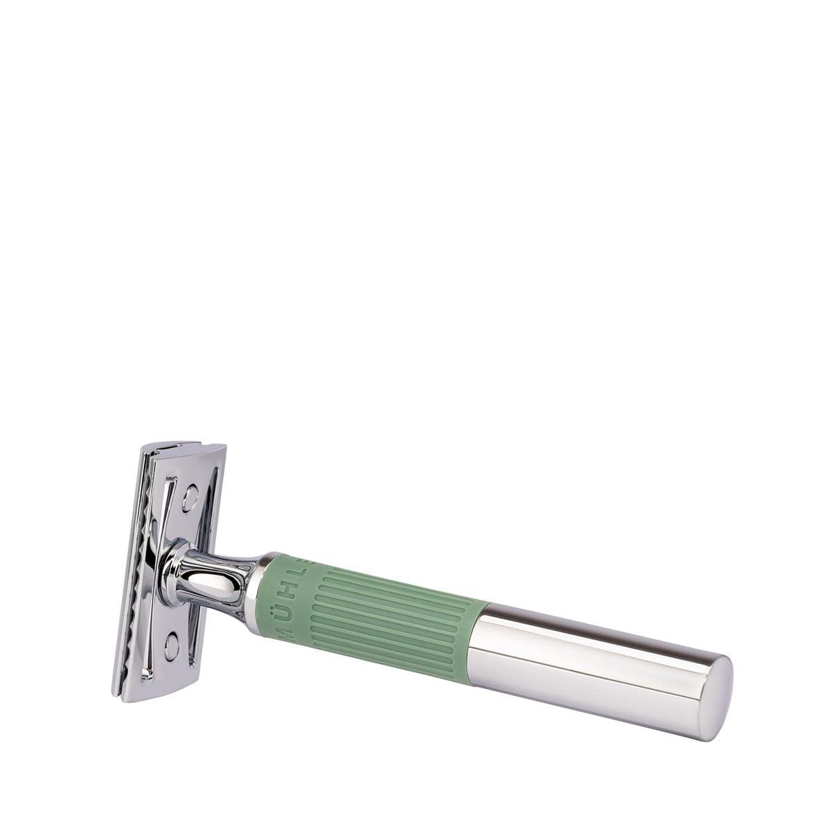 MHLE MHLE NEO safety razor|double edge safety razor for beginners and experienced shavers|sustainable eco-friendly and reusable|for men and women|chrome with sage green silicone grip handle