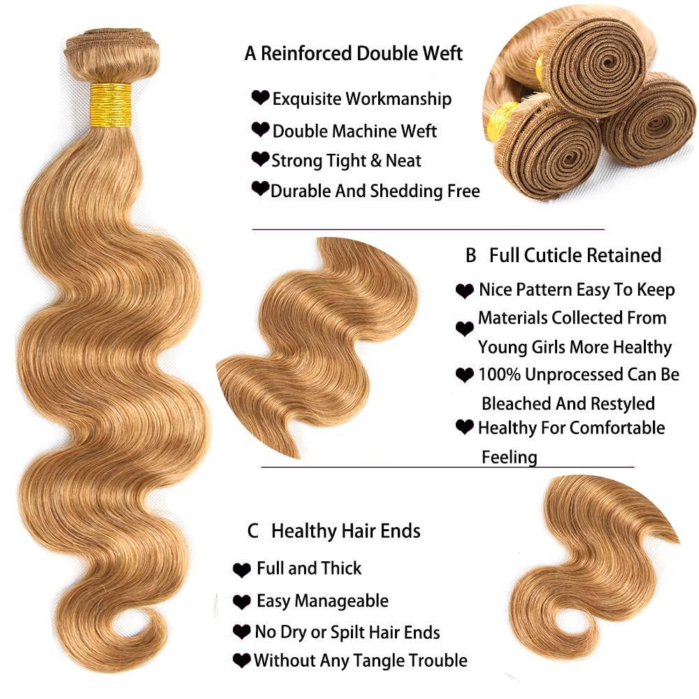 AuokMar Honey Blonde Bundles Human Hair 27 Blonde Body Wave Bundles 20 22 24 Inch Blonde Bundles Brazilian 27 Bundles Virgin Hair 3 Bundles Soft Hair Extensions Color 27 Body Wave Bundles