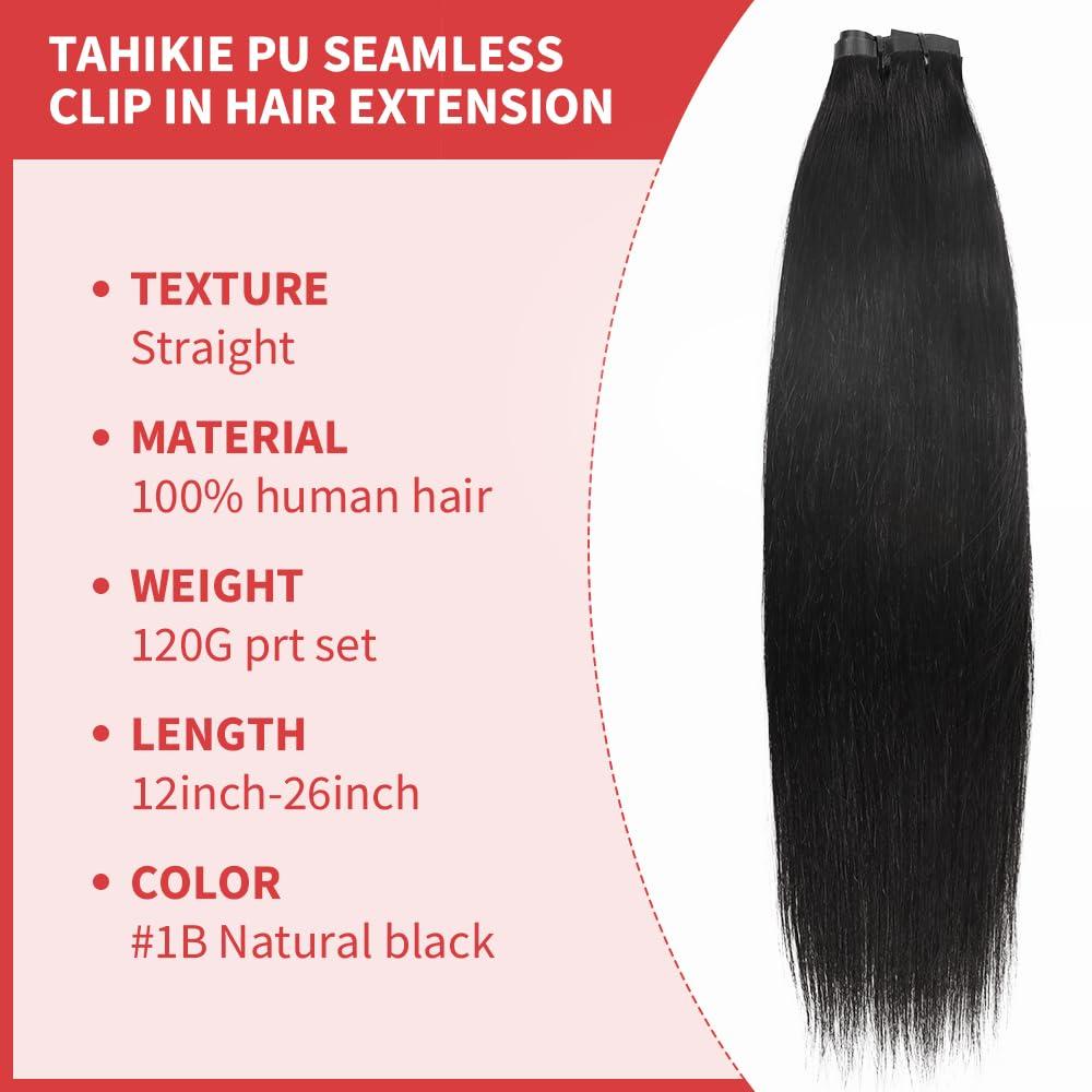 Tahikie Seamless Clip in Hair Extensions Real Human Hair Full Head Natural Black PU Seamless Hair Extensions Straight 8pcs 120g Clip ins 100% Remy Human Hair Extensions For Women (26 inch, 1B)
