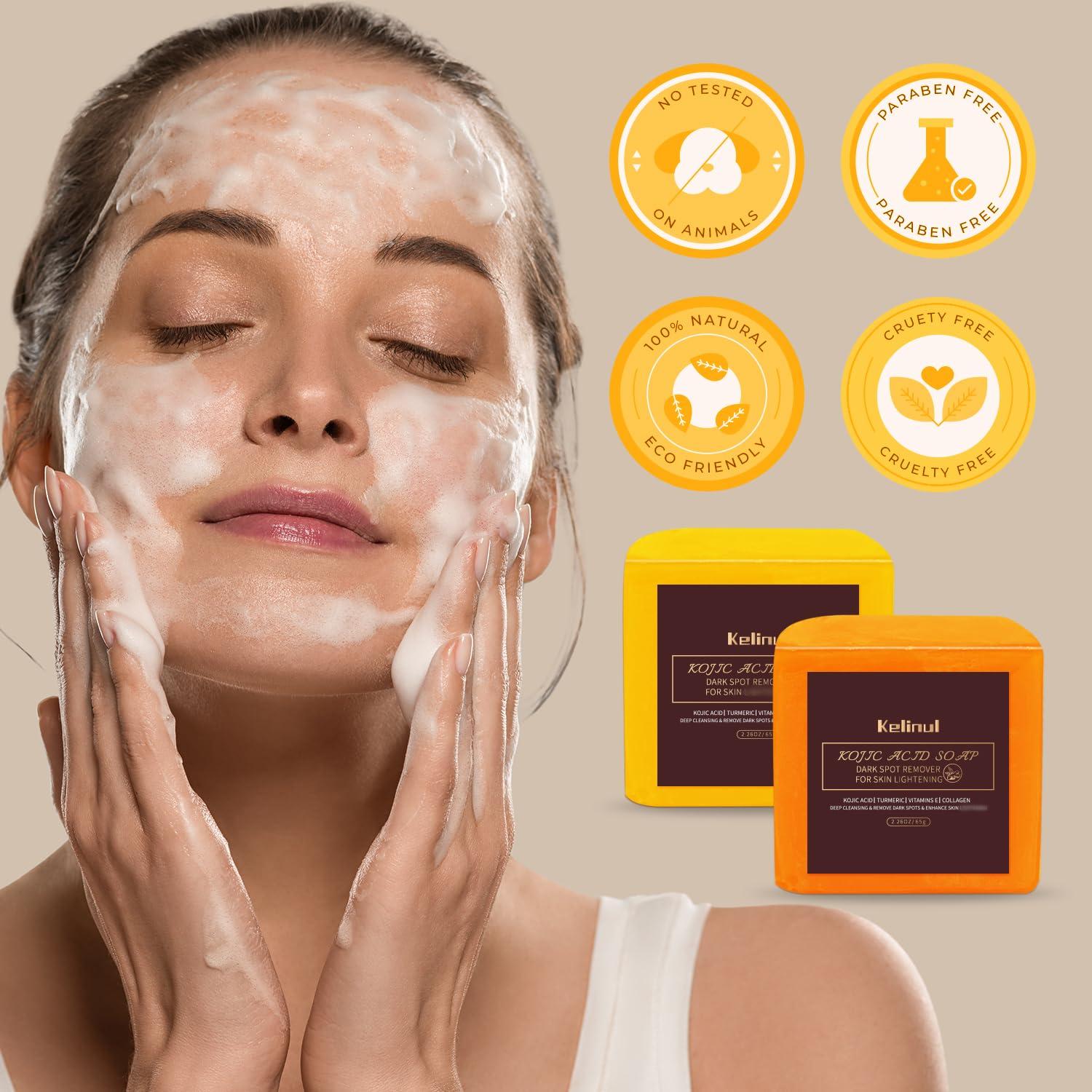 Kelinul Kojic Acid Soap: Dark Spot Remover Soap Bars - Turmeric Soap for dark spot - for face and Body with Retinol, Collagen, 9 OZ 4 Bars