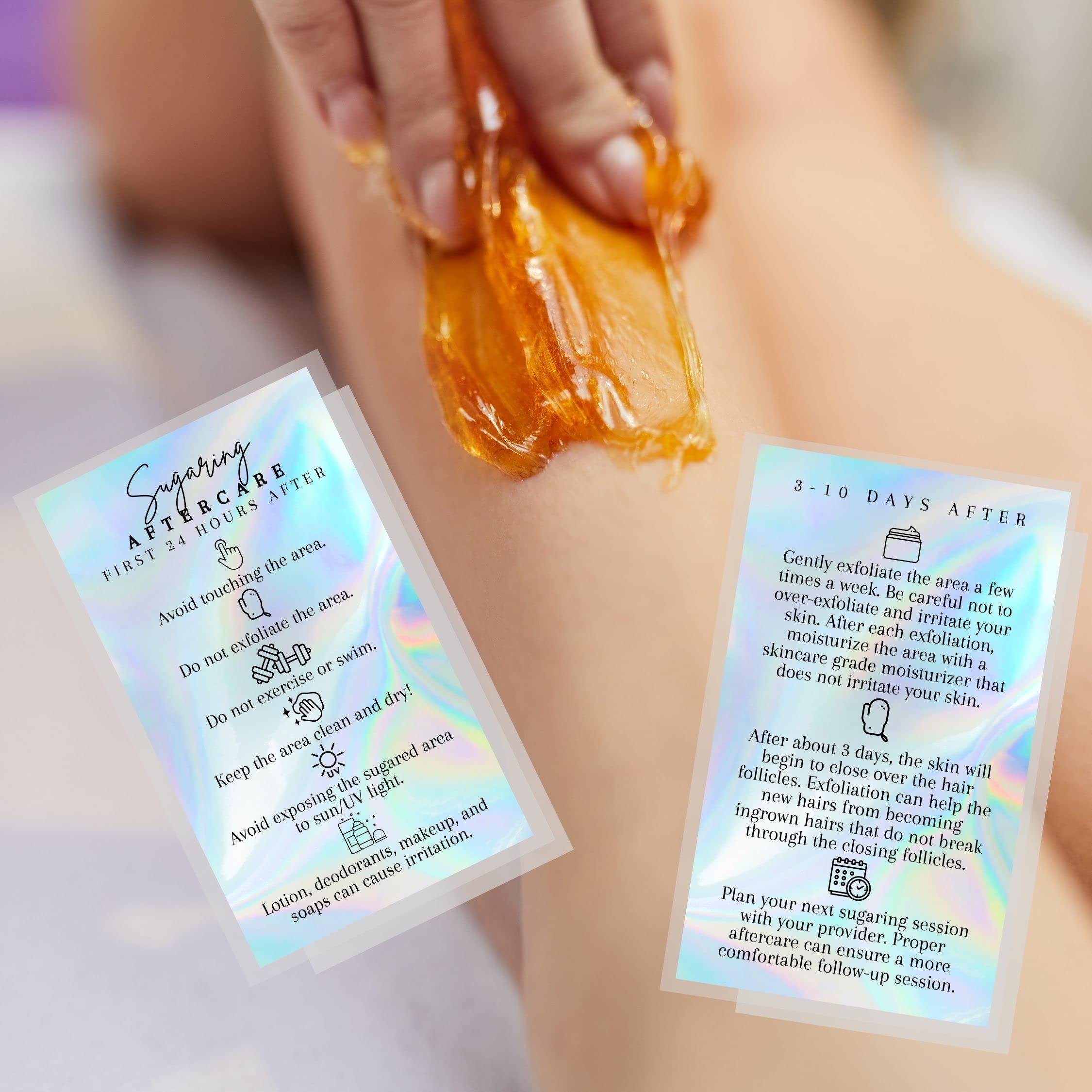 Lashicorn Sugaring Hair Removal Aftercare Cards | 50 Pack | Size 2x3.5 inches Business Card Size | Waxing Aftercare Kit Cards | Client Hand Out Wax Post Sugar FAQs Aftercare Faux Holographic Rainbow design