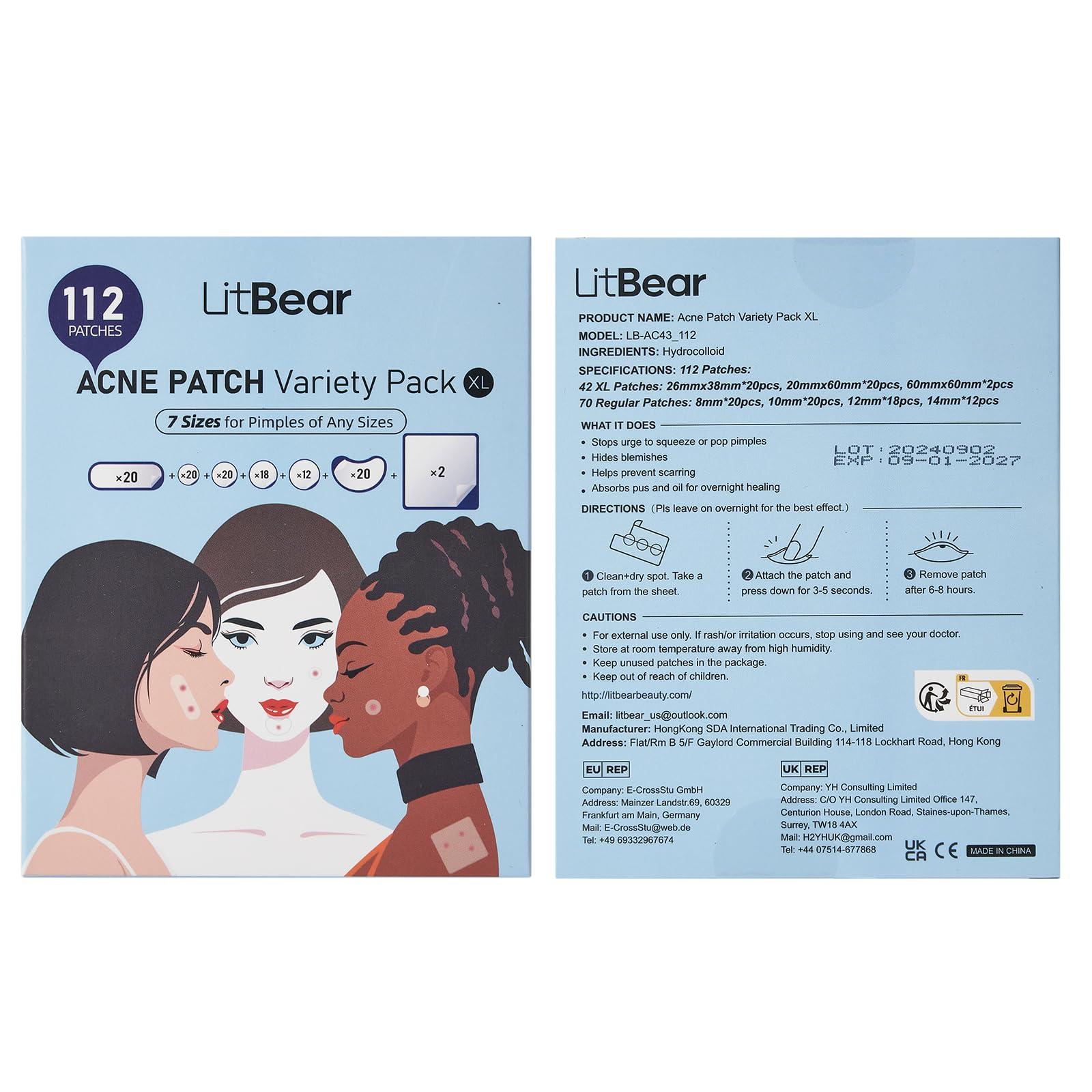 LitBear LitBear Large Pimple Patches (7 Sizes 112 Patches), Big Acne Patches, XL Hydrocolloid Bandages for Full Face, Forehead, Chin, Nose, Body, Back, Neck & Chest, Oval, Moon, Square hydrocolloid Patch