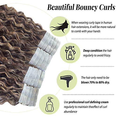 Valiilo Jerry Curly Tape ins Human Hair Extensions, Blonde Tape in Human Hair Extensions Invisible Glue in Remy Hair Brown to Caramel Blonde Highlights Curly Tape on Real Hair 20 Pieces 50 Gram 22 Inch