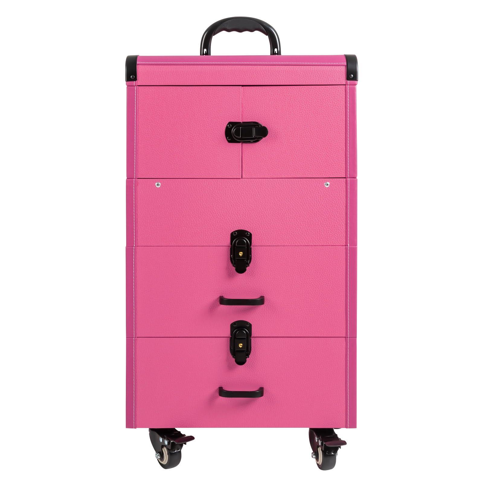 CapBoator 3 in 1 Professional Makeup Trolley Cart, Large Storage Rolling Makeup Case 4 Tray 2 Drawer, Lockable Cosmetic Train Case with Wheels, Salon Barber Case Traveling Cart for Hairstylist, Black (Purple)