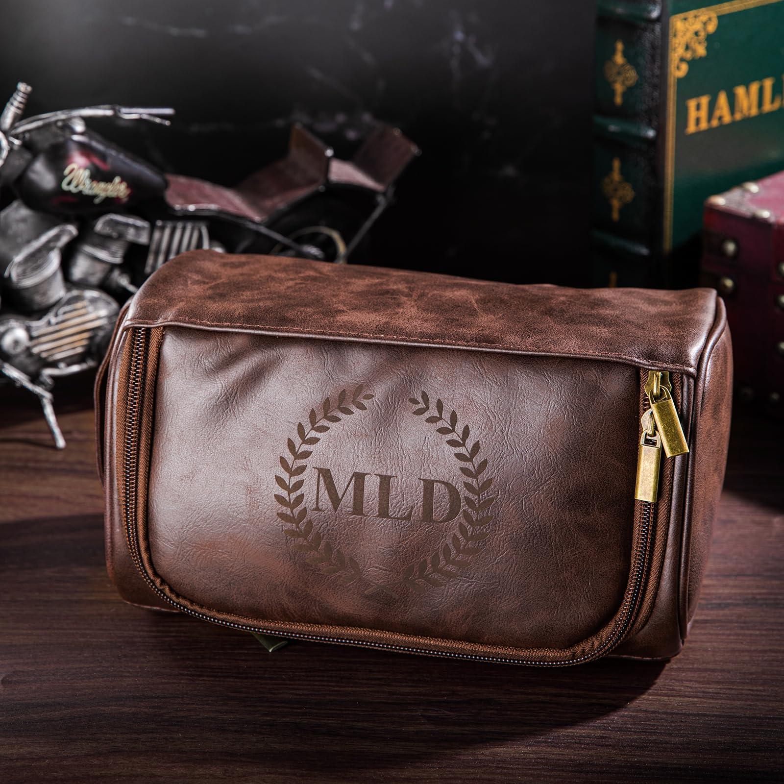 Bleggeit Bleggeit Personalized Leather Toiletry Bag For Men with Hook, Groomsmen Gifts Travel Bag Laser Engraved Name Monogram Leather Gift For Him Husband Father Leather Dopp Kit with Side Handle