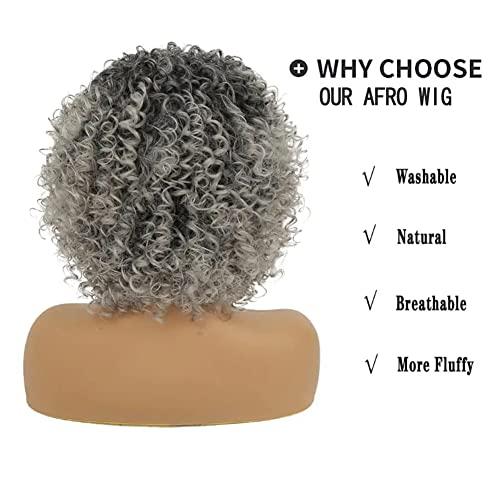 Kaneles Kaneles Short Grey Kinky Afro Wig for Black Women Synthetic Mixed Gray Wigs with Bangs Hair Shoulder Length Kinky Afro Curly Wig for Daily