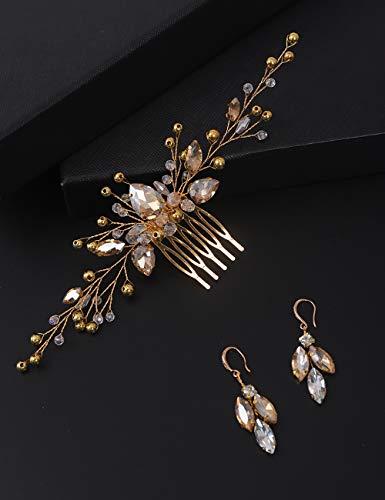 BERYUAN BERYUAN Women Champagne Crystal Earring Hair Vine Set Gold Wedding Hair Accessory Gold Hair Comb Party Prom Headpiece for Bride Bridesmaid Girls