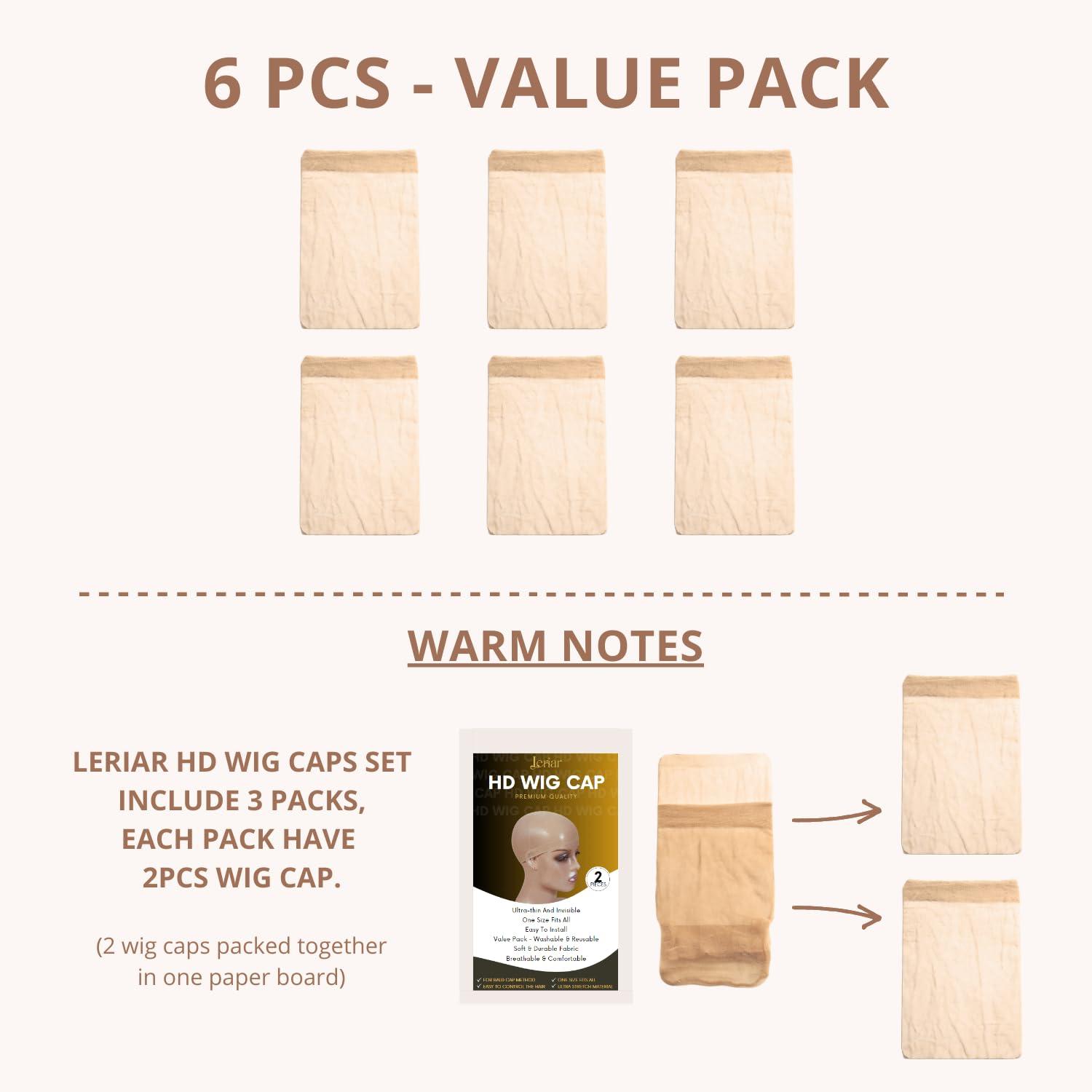 LERIAR LERIAR 6PCS HD Wig Caps For Lace Front, Stretchy Nylon Stocking Wig Caps, Ultra Thin Invisible Sheer Wig Caps for Women, Transparent and Breathable Nude Bald Cap for Wig