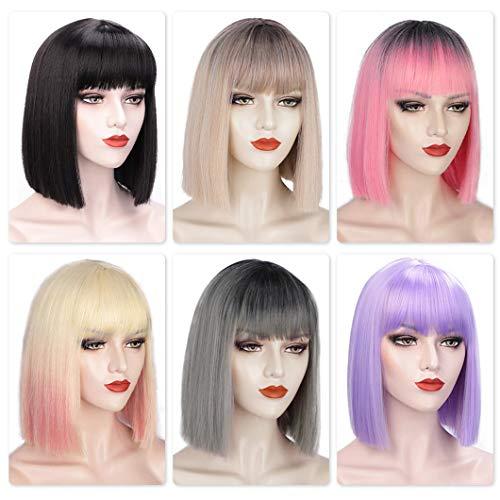 SSJFZM Short Bob Wig With Bangs For Women Synthetic Bob Wigs Black Pink Purple Wig For Party Daily Use Shoulder Length BoTeng 12inches