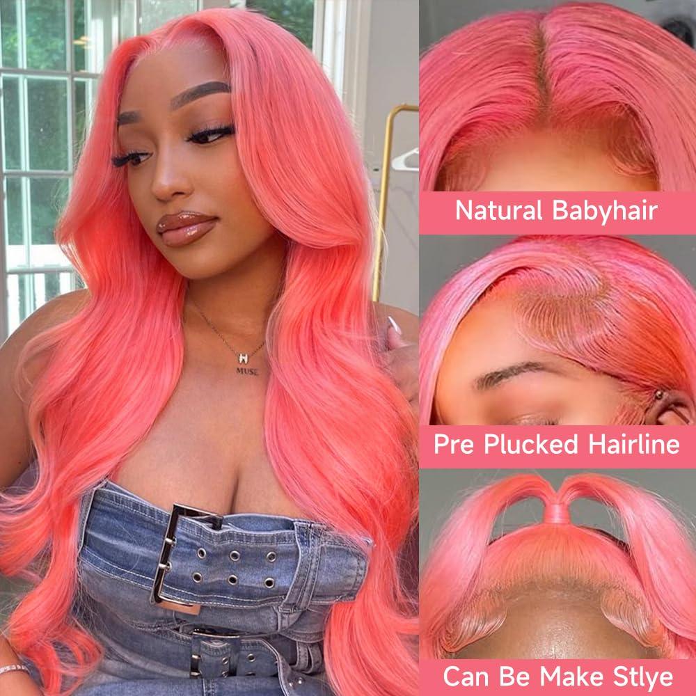KEGOO KEGOO Pink Lace Front Wig Human Hair 13x4 Pink Human Hair Wig 180% Density Body Wave HD Lace Front Wigs Human Hair Pre Plucked Pink Lace Frontal Colored Wigs Human Hair Pink Wig Human Hair 24 Inch