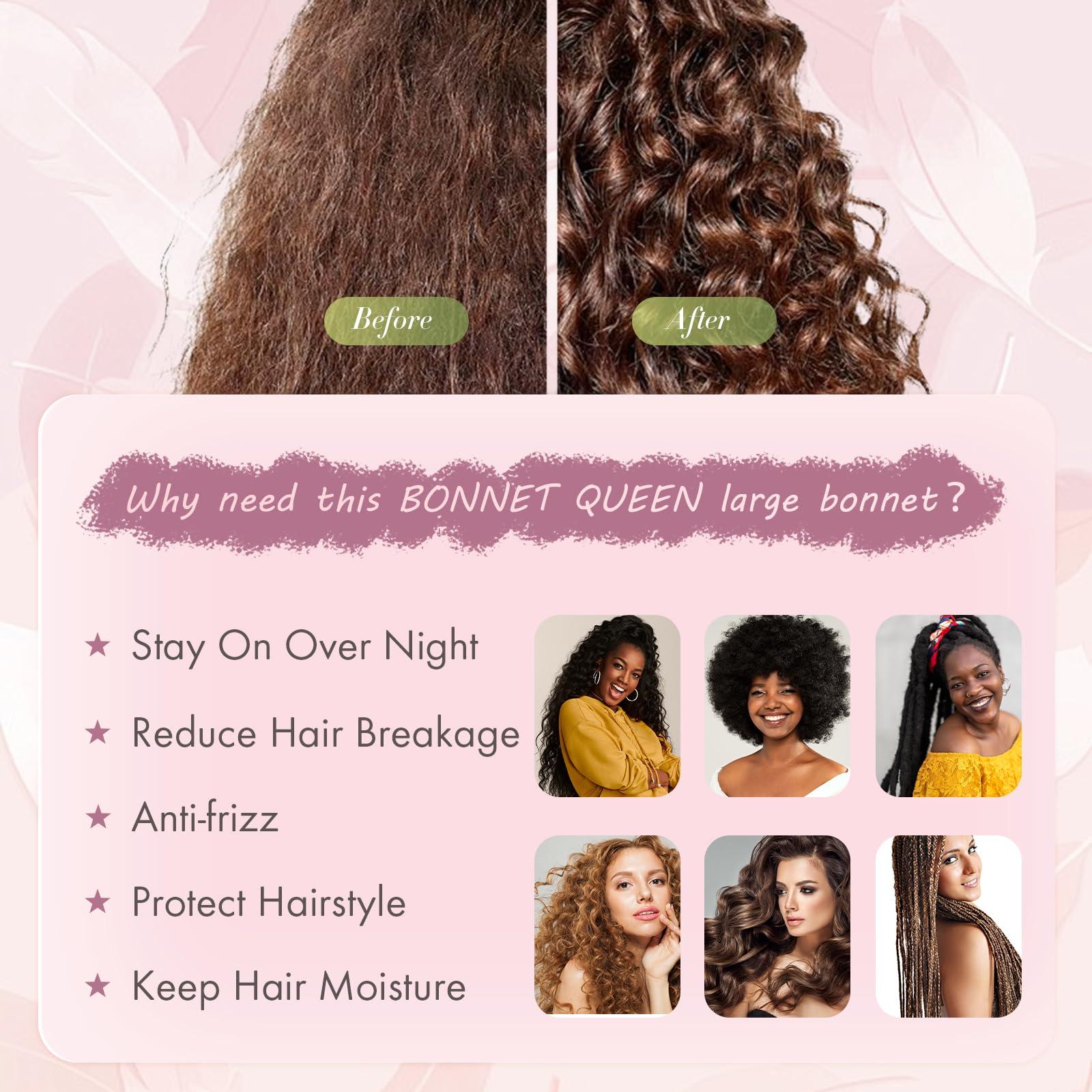 BONNET QUEEN BONNET QUEEN Large Silk Sleeping Bonnet Satin Adjustable Big Bonnet for Curly Hair Braids Night Hat Cap Wrap with Tie Band Rose