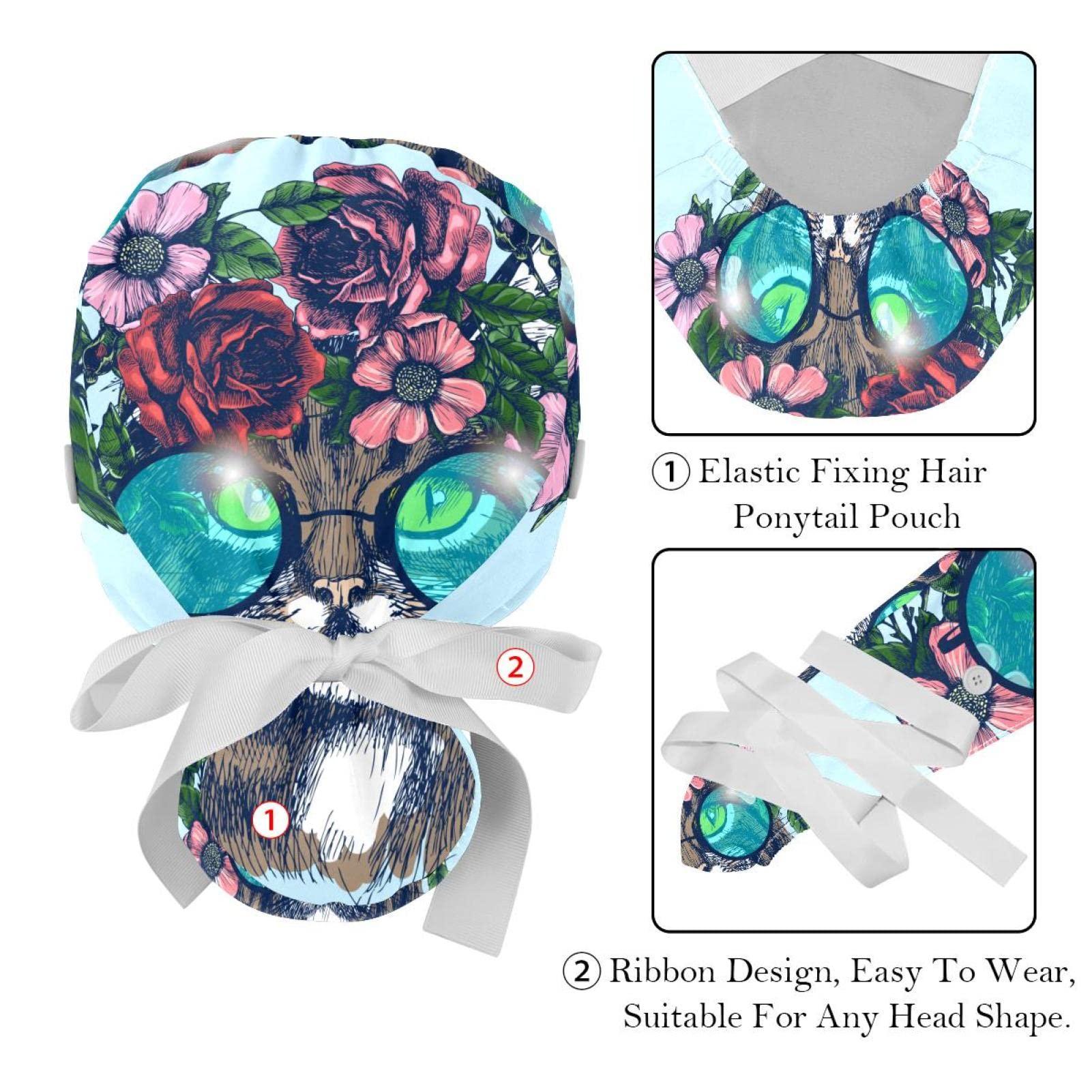 Lyetny Maine Coon Cat with Floral Wreath and Round Sunglasses Scrub Caps Hats Women Bouffant Working Hat Ponytail Holder for Women Long Hair Covers 2PCS