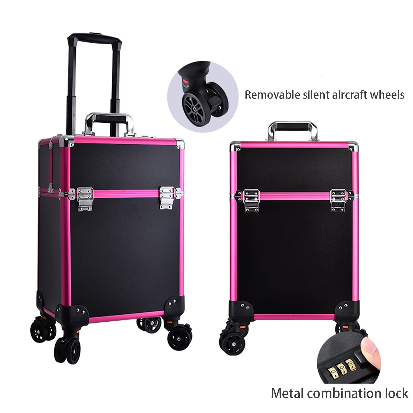 HJXGQJM Large Professional Cosmetic Train Case, Rolling Makeup Train Case With Wheels Cosmetic Travel Train Case With 4 Detachable Wheels,Professional Makeup Luggage On Wheel For Makeup Artist Black cosmetic