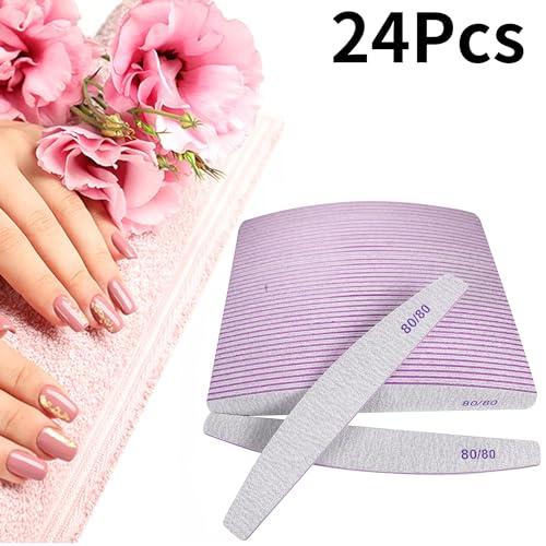jecxucci 80/80 Grit Nail Files 24 Pack, Emery Boards for Acrylic Nails and Gel Nails, Coarse Nail File Double Sided 80 Grits Professional Nail Filers Washable Manicure Tool Curved Fingernail Files
