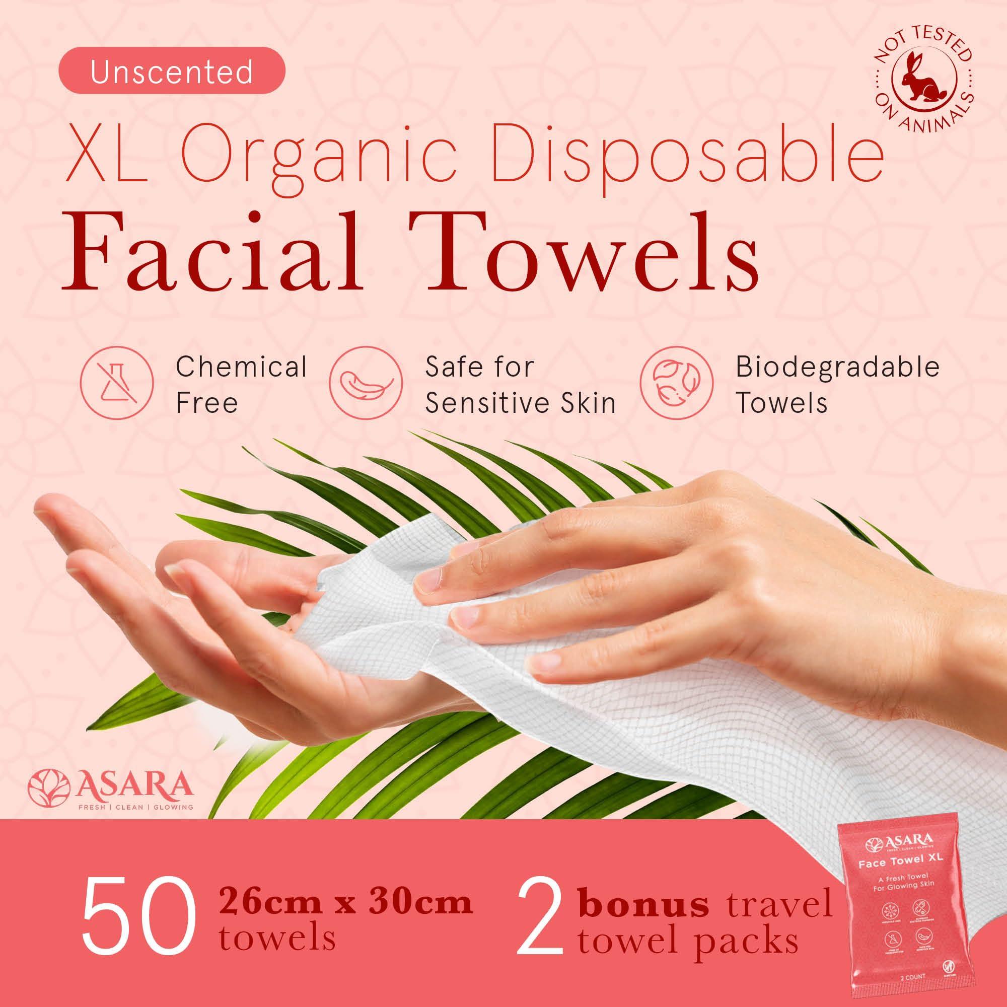 ASARA Asara Disposable Face Towel XL Facial Wipes | Organic Vegan Biodegradable | Just Add Water for Makeup Remover Wipes | Sensitive Skin Face Wipes - Clean Daily Towelettes (100 Count)