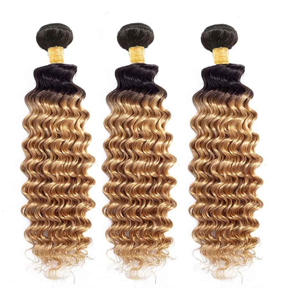 NiegMeag 1B/27 Human Hair Bundles Honey Blonde Deep Wave Bundles 2 Tone Color #1B and #27 Bundles Brazilian 8A Virgin Human Hair 3 Bundles 12 14 16 Inch 1B/27 Deep Wave Bundles