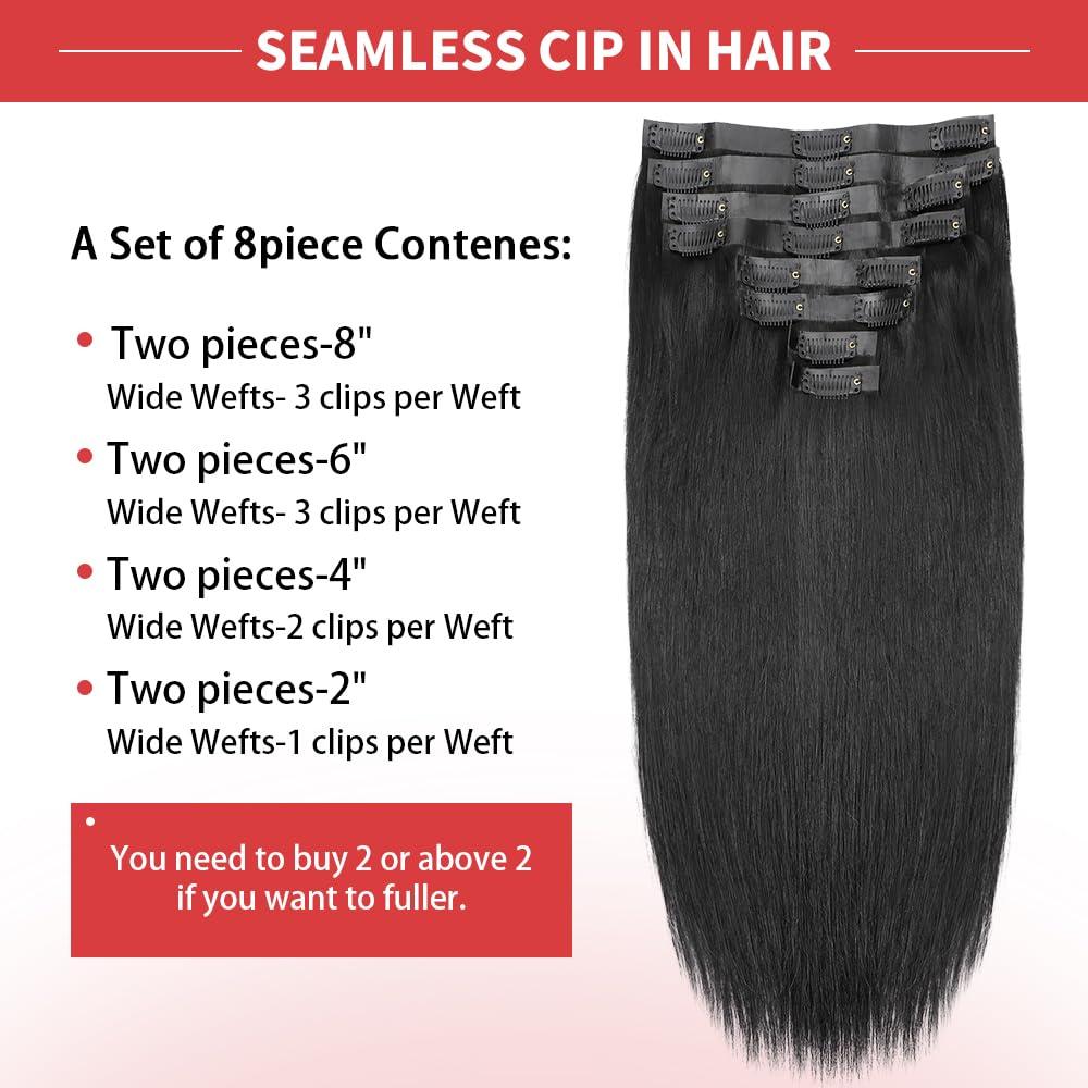 Tahikie Seamless Clip in Hair Extensions Real Human Hair Full Head Natural Black PU Seamless Hair Extensions Straight 8pcs 120g Clip ins 100% Remy Human Hair Extensions For Women (26 inch, 1B)