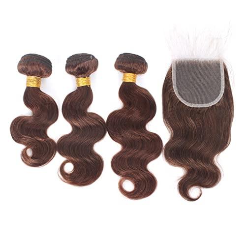 Kapelli Hair Kapelli Hair Brazilian Body Wave Bundles with Closure (12 14 16+12) 10A Light Brown Body Wave Human Hair Bundles with Lace Closure Brazilian Virgin Hair 3 Bundles with Lace Closure with Baby Hair