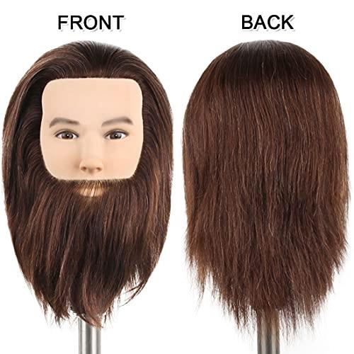 Newshair NEWSHAIR Male Mannequin Head with Beard 100% Human Hair Haircut Training Head with Thick Hair Hairdresser Manikin Head Doll Head for Styling and Practice Handsome Face Adult Head Size (8-10Inch 3B#)