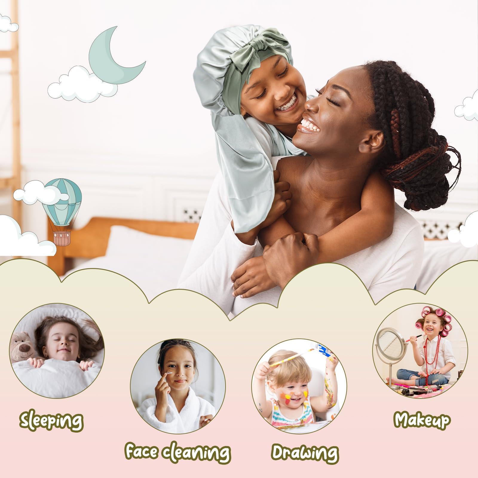 Lolalet Lolalet Kids Bonnets for Girls, Long Silk Bonnet for Sleeping Kids Satin Bonnet Cap with Tie Band for Dreadlocks Braid Afro Curly Hair -2 PCS, Green & Pink