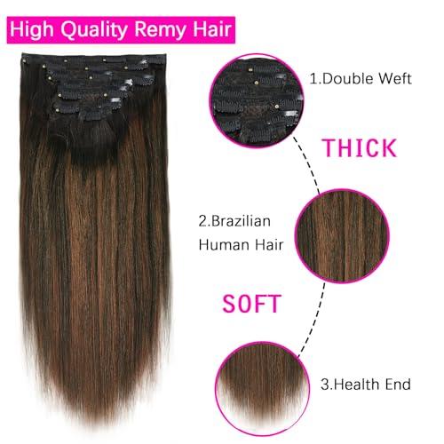 LOVRIO Lovrio Yaki Straight Clip in Human Hair Two Tone Rooted Black to Natural Black #1B Mixed With Chocolate Brown #4 Light Yaki Clip in Remy Human Hair for Black Women Yaki Hair 20 Inch 120G