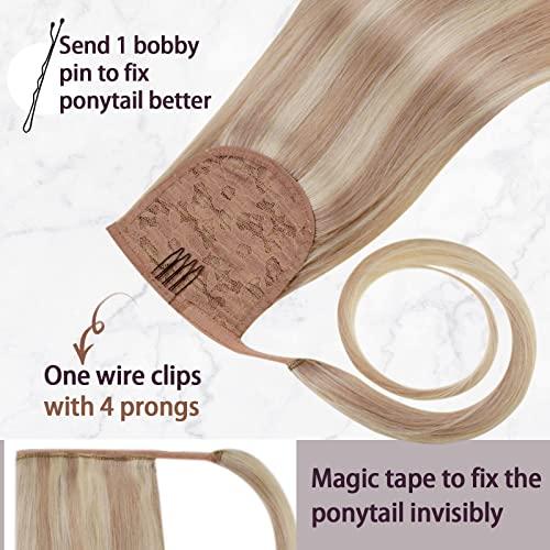 RUNATURE Buy Together Save More: #16p24 Light Blonde Mix Dark Blonde Ponytail Extension Human Hair 14Inch 70g and Clip in Hair Extensions 14Inch 80g (Total 2 Packs)
