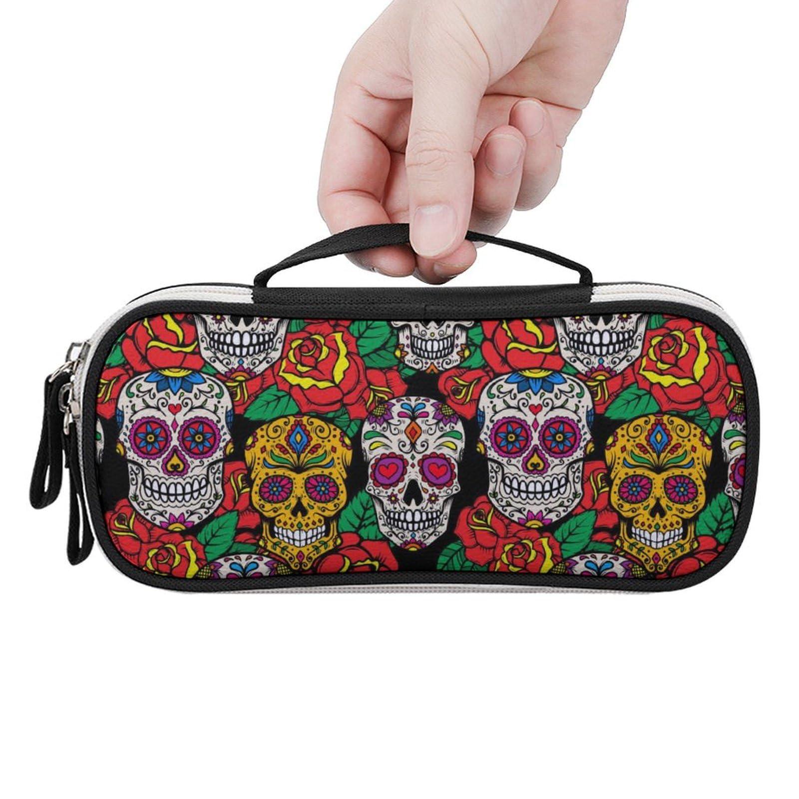 Meaudiwes Fashion Small Pencil Pouch Makeup Bag, Purse Makeup Bag, Portable Toiletry Travel Bag For Women Men Office With Zipper Compatible with Mexican Day Dead Rose Sugar Skulls