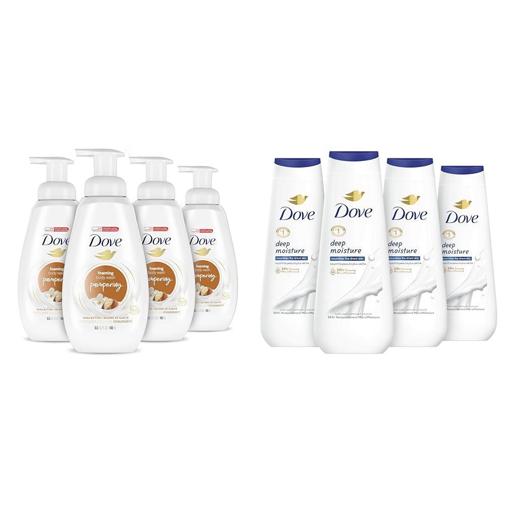 Dove Dove Instant Foaming Body Wash Shea Butter with Warm Vanilla Pack of 4 & Body Wash Deep Moisture 4 Count For Dry Skin Moisturizing Skin Cleanser