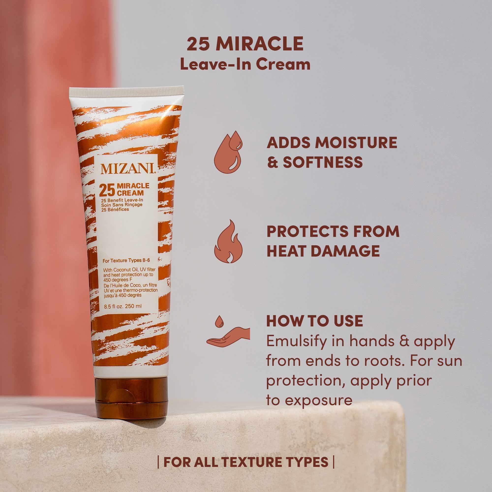 MIZANI Mizani 25 Miracle Leave-In Cream | Adds Lightweight Moisture & Touchable Softness | Heat Protectant Treatment | With Coconut Oil | For Curly Hair | 8.5 Fl. Oz.