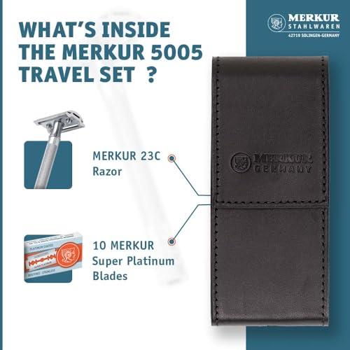 MERKUR MERKUR 5005 Travel Shaving Set featuring MERKUR 23C Three-piece Safety Razor with Long Handle & Bright Chrome Finish, 10 Double Edge Blades & Black Leather Case | Made In Germany