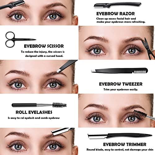 DELAYNOMORE77 Eyebrow Razor Kit, 6 in 1 Professional Eyebrow Grooming Set for Women and Men, Including 3 Eyebrow Razors Trimmer,1 Tweezer,1 Scissor,1 Eyelashes Roller,1 Storage Bag