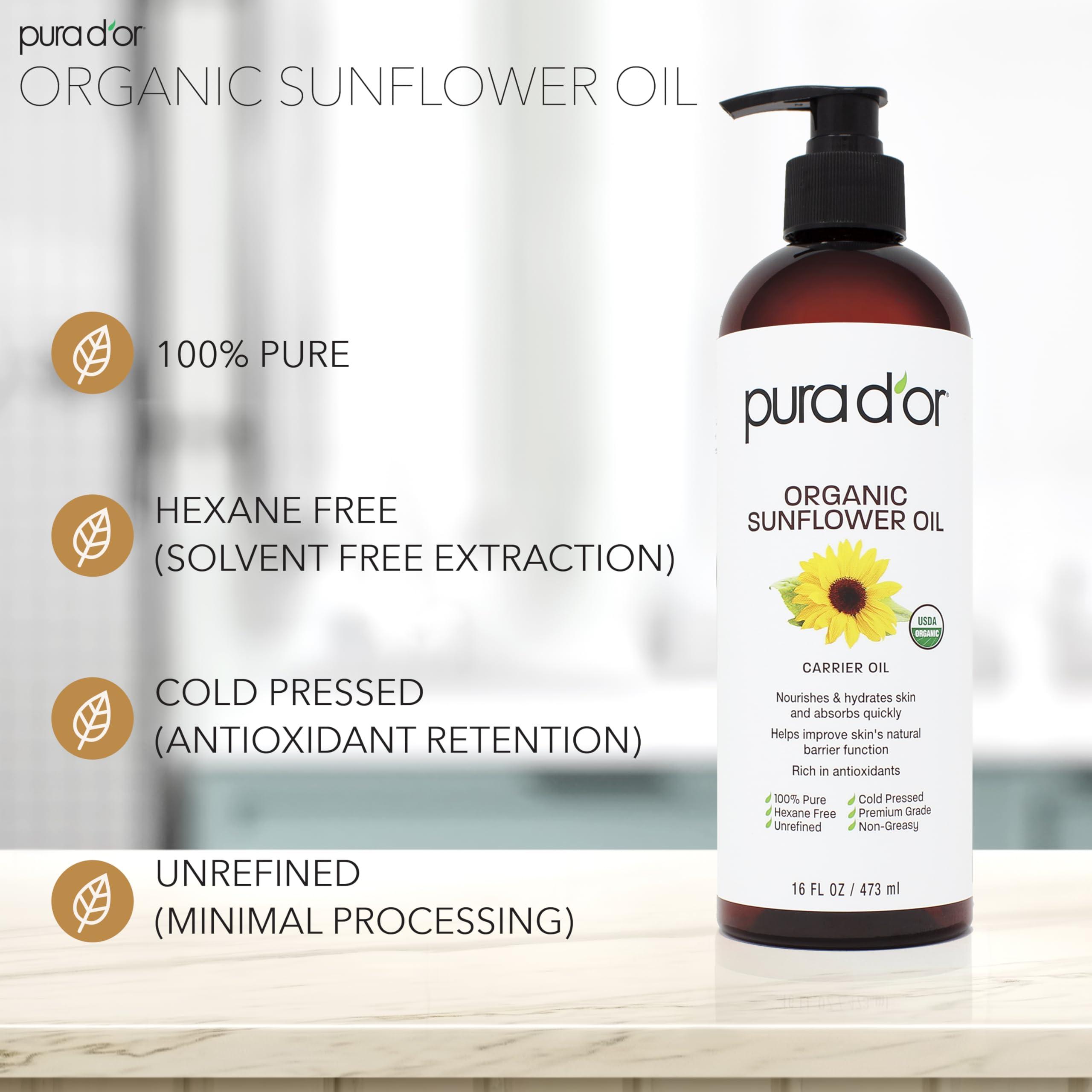 PURA D'OR PURA D\'OR 16 Oz ORGANIC Sunflower Seed Oil - 100% Pure & Natural USDA Certified Cold Pressed Carrier Oil For DIY Beauty - Unscented, Hexane Free Liquid Moisturizer - Face Skin & Hair - Men & Women