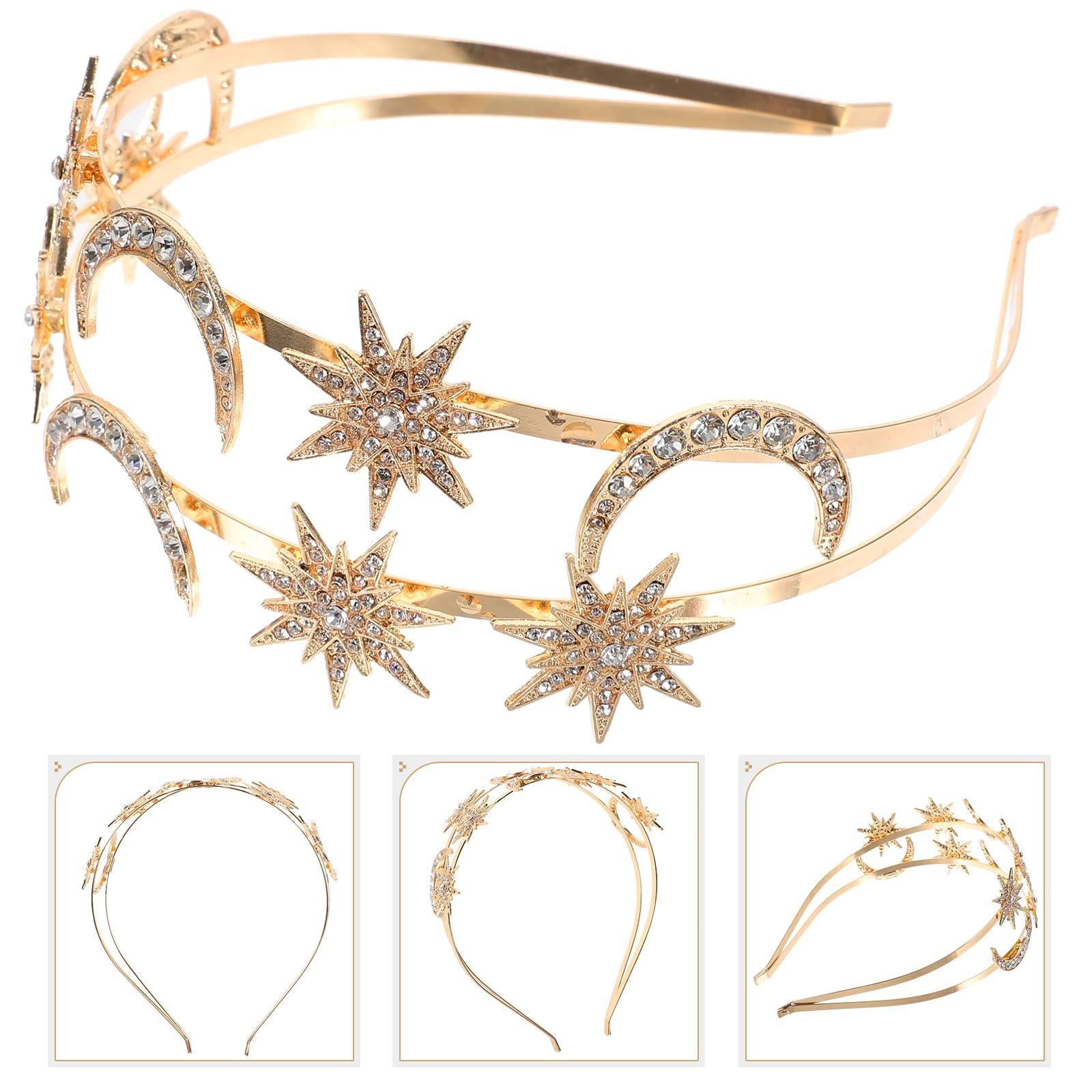 LUOZZY LUOZZY Star and Moon Headband Goddess Crown Headdress Double Layer Rhinestone Headpiece Party Supplies - Golden