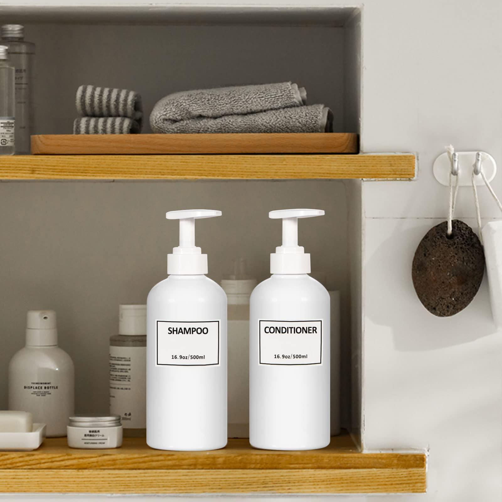 Yeeco Shampoo Bottles Refillable with Pump Yeeco White Shampoo and Conditioner Pump Bottle Dispenser with Waterproof Labels 16.9oz/500ml 3 Packs, Shampoo Bottles for Bathroom, Kitchen, Hotel