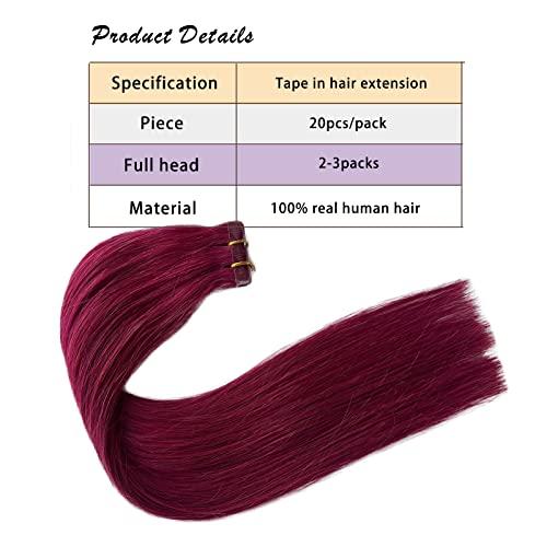 Munx Burgundy Tape in Hair Extension 24inch 20pcs 70g Wine Red 100% Real Human Hair Tape in Hair Extensions for Women