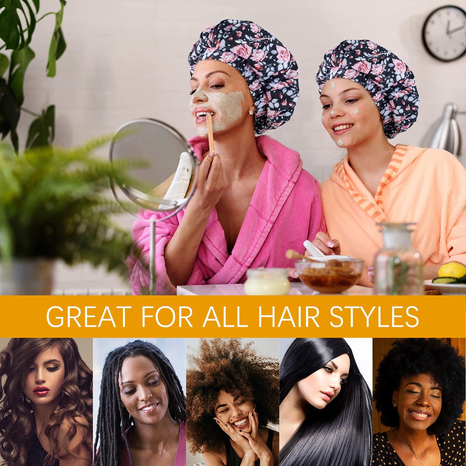 POZILAN Luxury Shower Cap for Women, Waterproof Reusable Shower Caps Double Layers Microfiber Terry Lined with Dry Hair Function, Extra Large for Long Hair, Adjustable for Most Heads Size