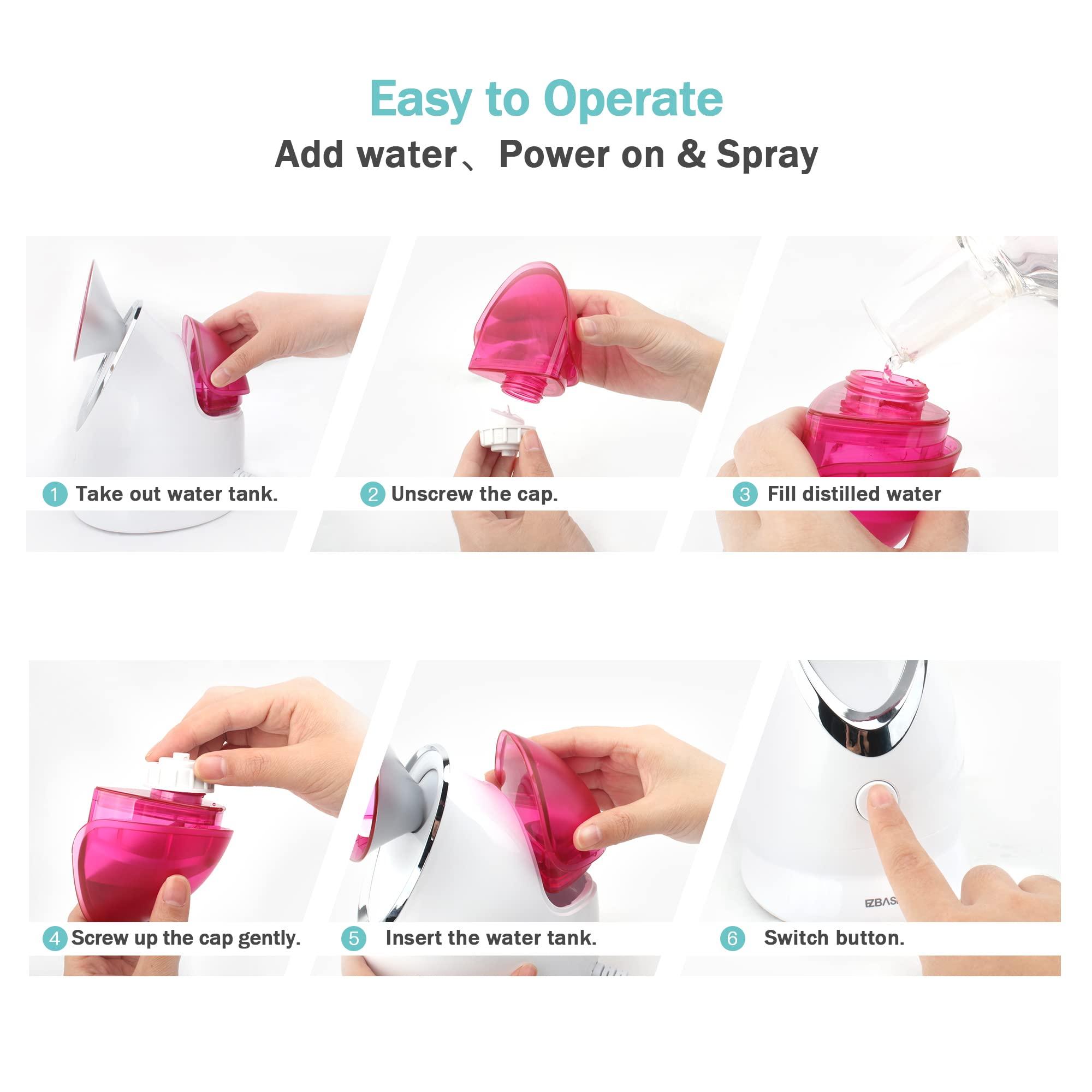 EZBASICS EZBASICS Facial Steamer Ionic Face Steamer for Home Facial, Warm Mist Humidifier Atomizer for Face Sauna Spa Sinuses Moisturizing, Unclogs Pores, 1 Pack + 5 Stainless Steel Skin Kit Pink