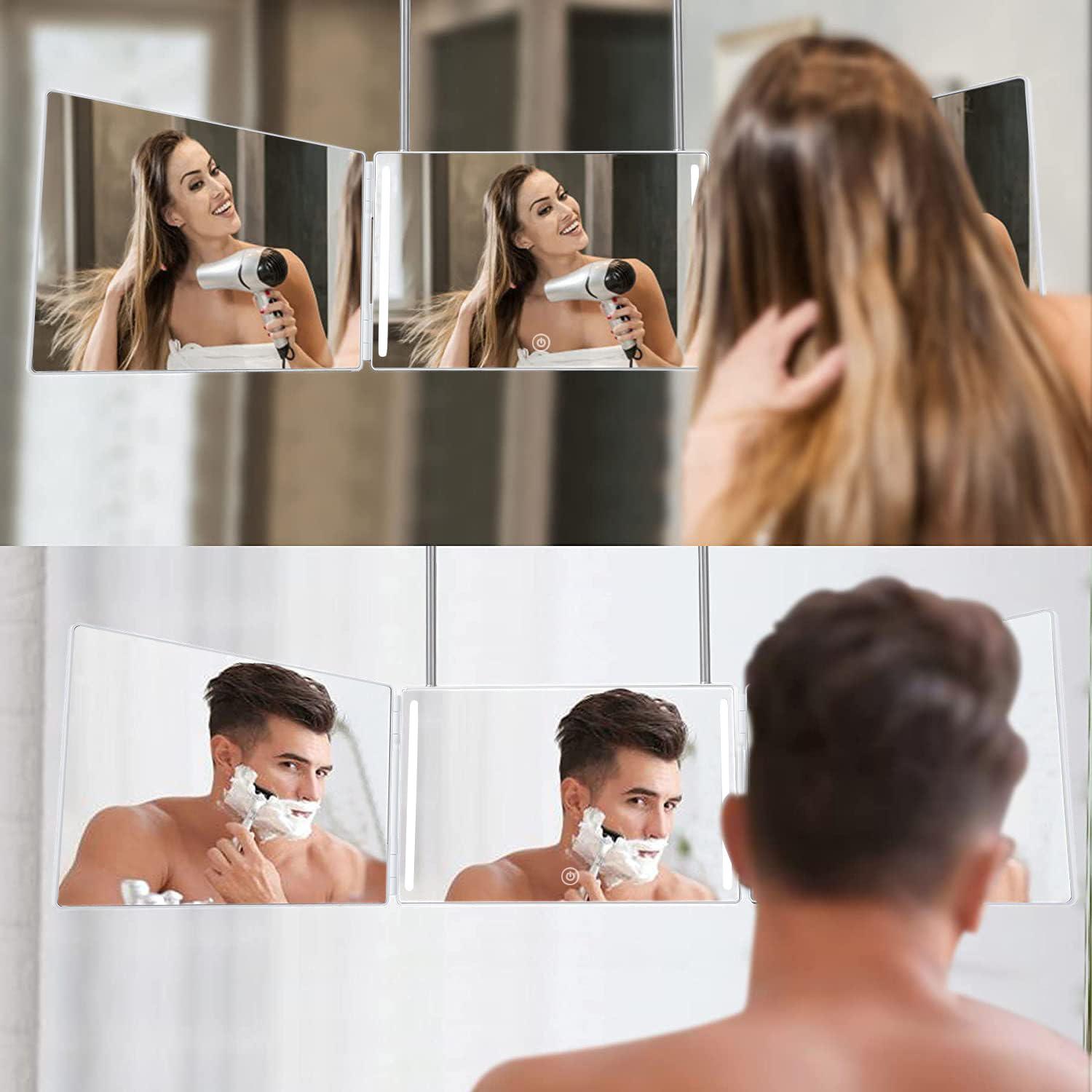 HIEEY HIEEY 3 Way Mirror for Hair Cutting with LED ,360 Trifold Mirror with Height Adjustable Telescoping Hooks,and 5X Magnification Mirror,for Makeup, Hair Styling (White)