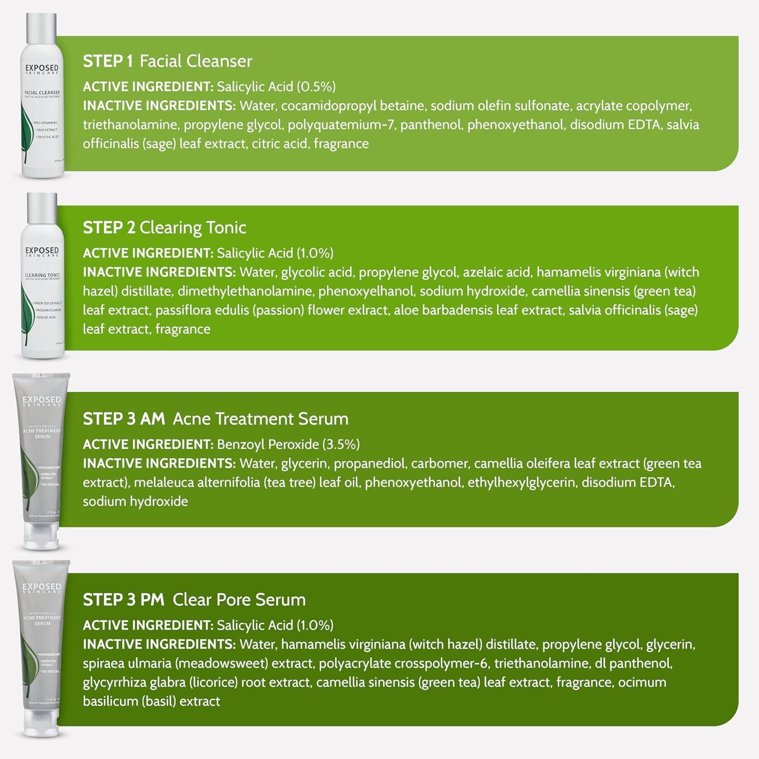Exposed Skin Care Exposed Skin Care Basic Acne Treatment Kit - Includes Salicylic Acid Face Wash, Clearing Tonic, Acne Treatment Serum with Benzoyl Peroxide, Clear Pore Serum - Acne Set Solution for All Skin Types