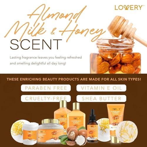 LOVERY Gift Basket for Women - 10 Pc Almond Milk & Honey Beauty & Personal Care Set - Home Bath Pampering Package for Relaxing - Spa Self Care Kit - Thank You, Birthday, Mom, Anniversary Gift
