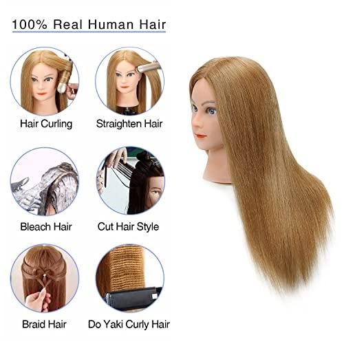 SOPHIRE SOPHIRE 100% Real Human Hair Mannequin Head with 9 Tools and Clamp, Hairdressers' Practice Training Head and Cosmotology Doll Head for Hairstyling and Braid - #27
